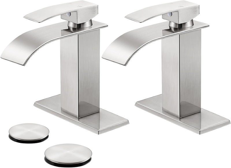 LUFG Bathroom Faucets Brushed Nickel Waterfall Bathroom Sink Faucet Modern Single Handle Bathroom Faucet for 1 or 3 Hole Mxier Tap Washbasin Faucet with Deck, Pop-up Drain and Supply Hoses 2 Pack - Image 1